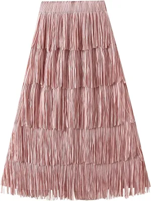 Women Fringe Skirt Elastic Waist Tiered Tassel Bodycon Midi Pencil Skirts Night-Out Party Daily Elegant Skirts