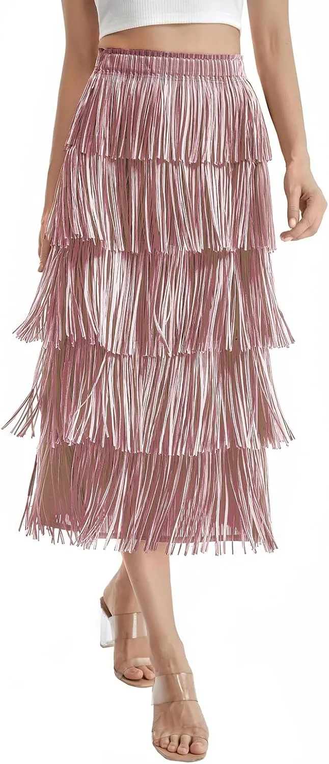 Women Fringe Skirt Elastic Waist Tiered Tassel Bodycon Midi Pencil Skirts Night-Out Party Daily Elegant Skirts