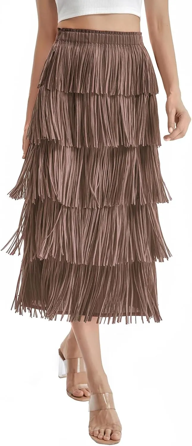 Women Fringe Skirt Elastic Waist Tiered Tassel Bodycon Midi Pencil Skirts Night-Out Party Daily Elegant Skirts