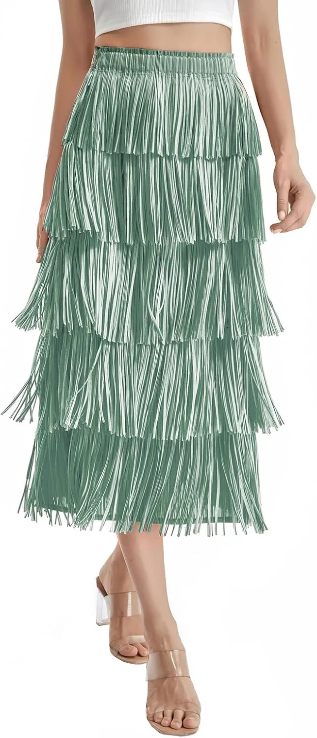 Women Fringe Skirt Elastic Waist Tiered Tassel Bodycon Midi Pencil Skirts Night-Out Party Daily Elegant Skirts