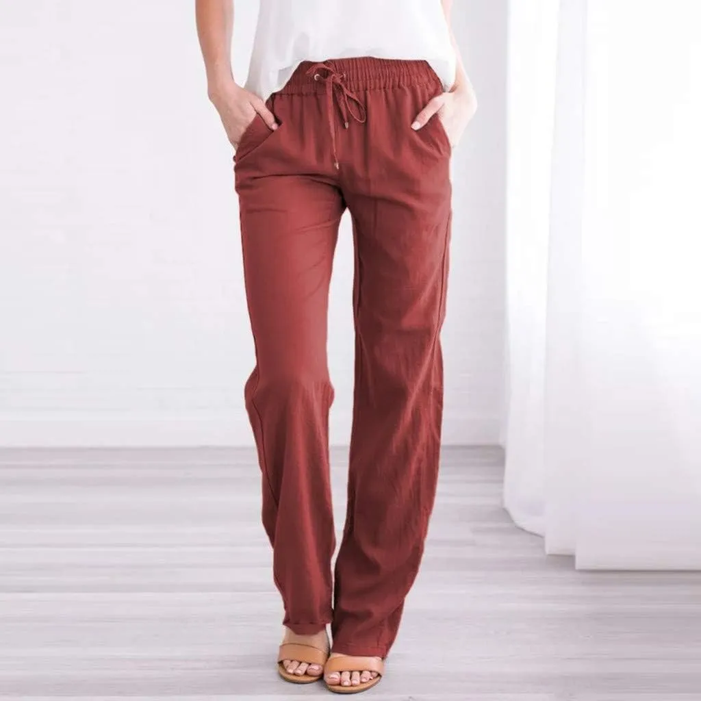 Women High Waist Linen Pant Trendy Boho Flowy Straight Leg Cuffed Trousers Hip Hop Athletic Palazzo Casual Sweatpants