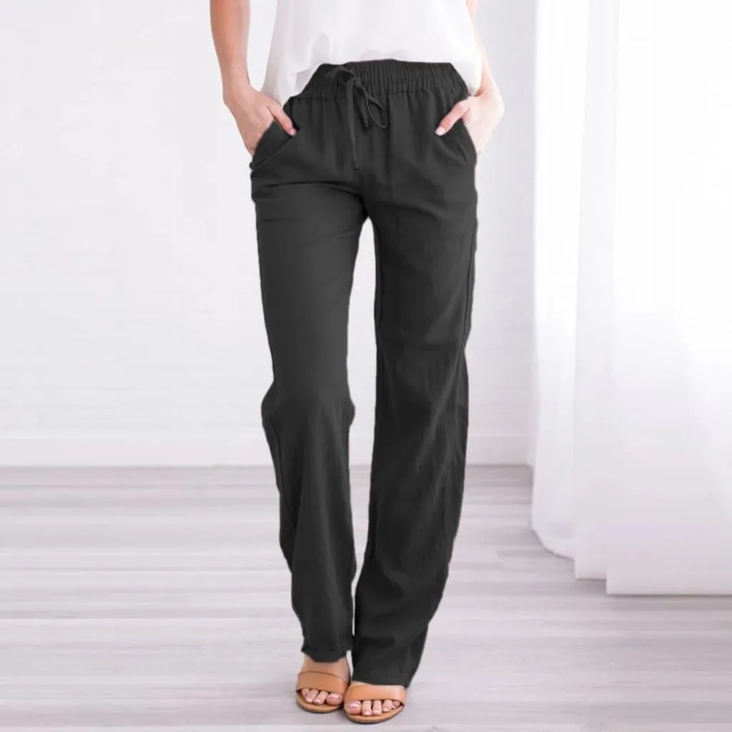 Women High Waist Linen Pant Trendy Boho Flowy Straight Leg Cuffed Trousers Hip Hop Athletic Palazzo Casual Sweatpants