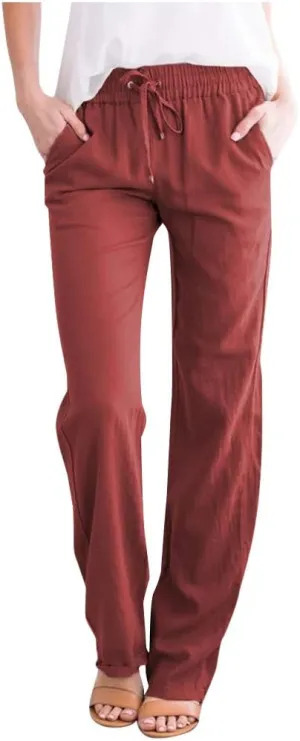 Women High Waist Linen Pant Trendy Boho Flowy Straight Leg Cuffed Trousers Hip Hop Athletic Palazzo Casual Sweatpants