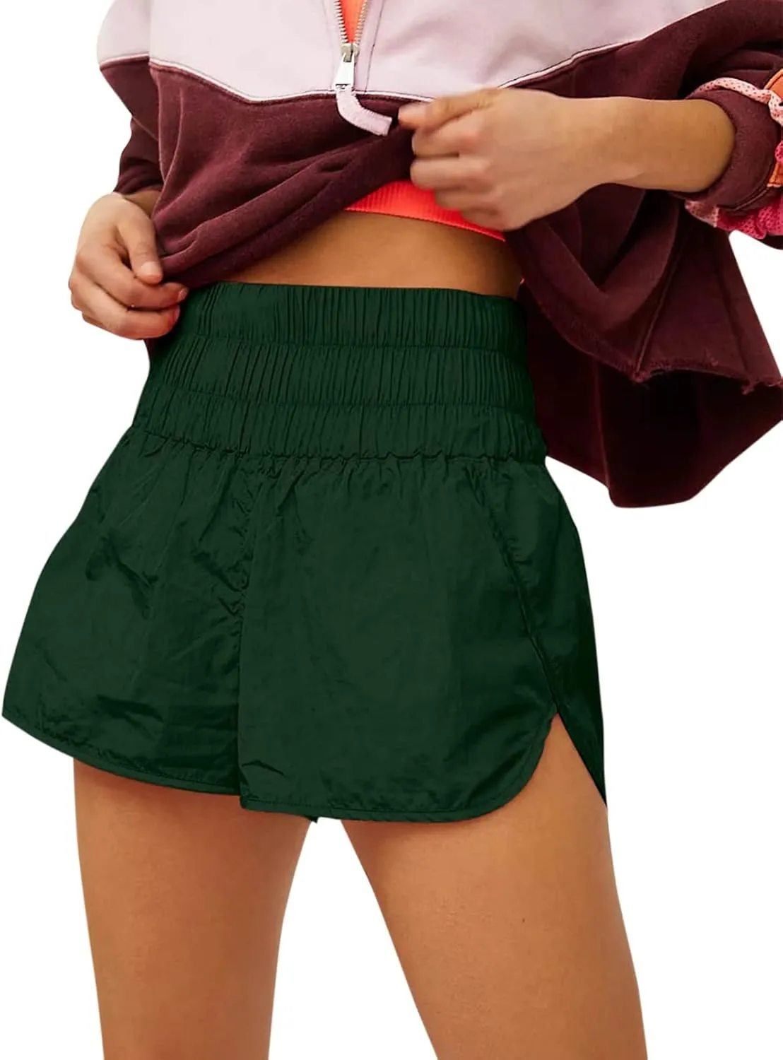 Women High Waisted Flowy Shorts Trendy Pleated Smocked Waist Side Slit Trouser Park Workout Cycling Casual Sweatpants