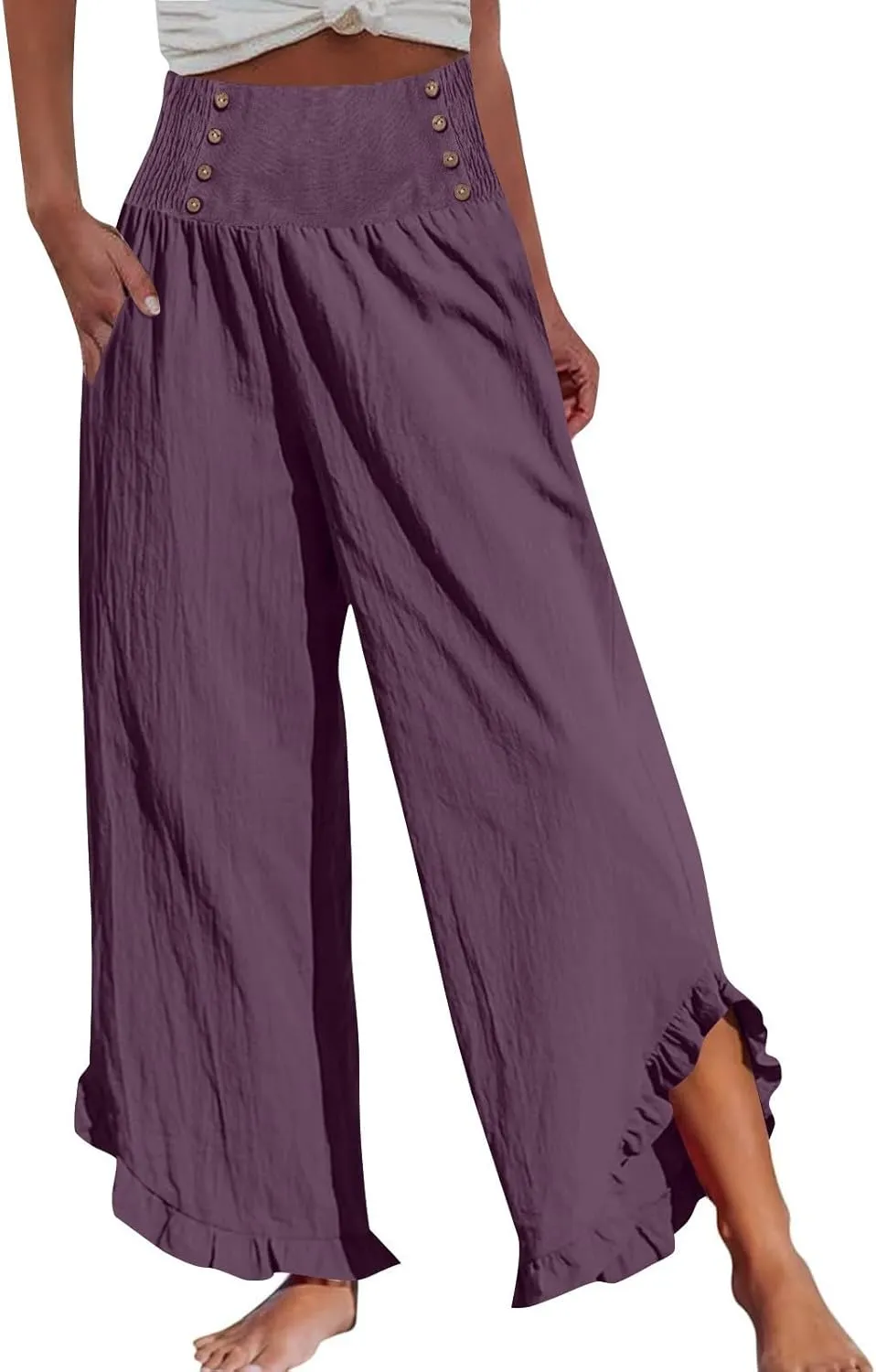 Women High Waisted Linen Palazzo Pants Trendy Pleated Smocked Waist Ruffle Hem Trousers Office Work Dress Casual Pant