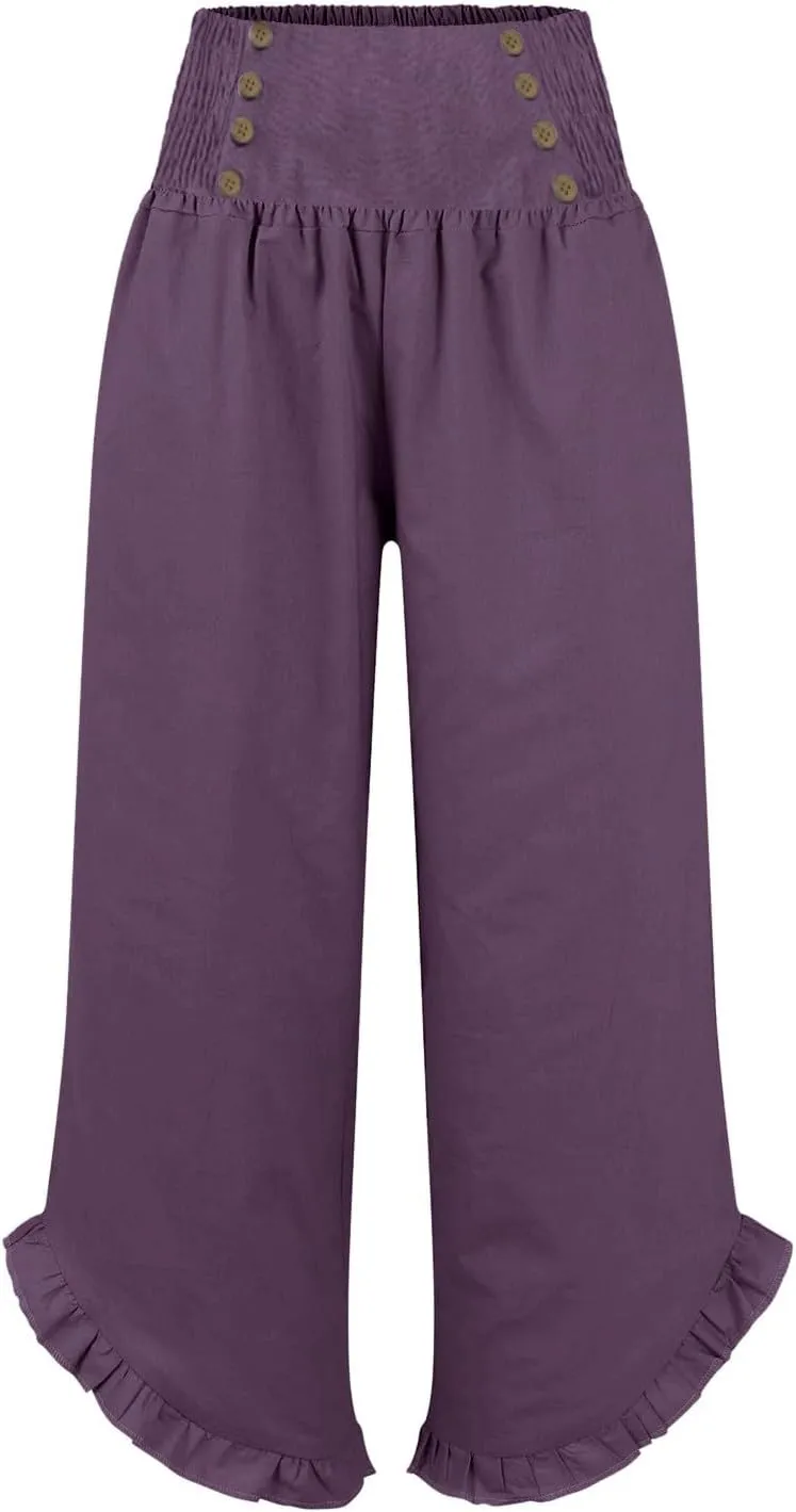Women High Waisted Linen Palazzo Pants Trendy Pleated Smocked Waist Ruffle Hem Trousers Office Work Dress Casual Pant