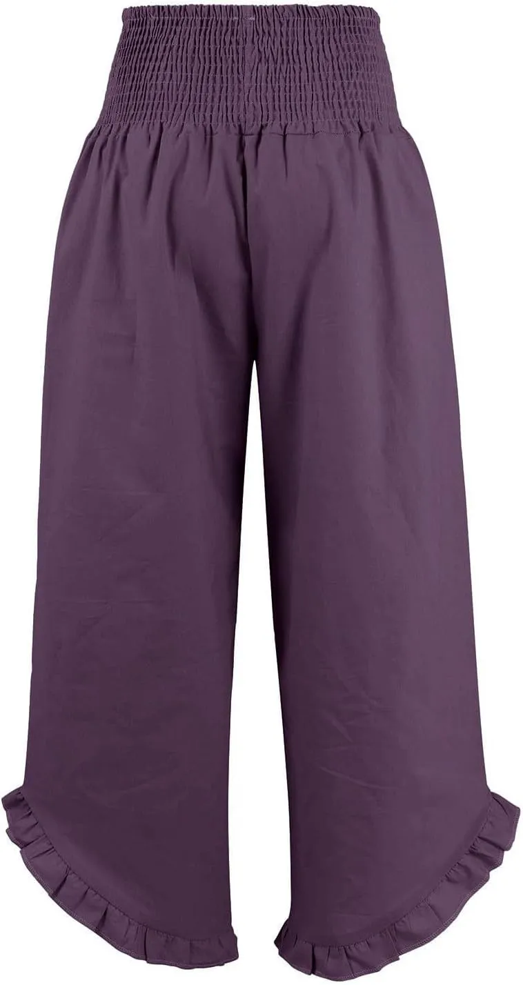 Women High Waisted Linen Palazzo Pants Trendy Pleated Smocked Waist Ruffle Hem Trousers Office Work Dress Casual Pant