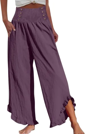 Women High Waisted Linen Palazzo Pants Trendy Pleated Smocked Waist Ruffle Hem Trousers Office Work Dress Casual Pant