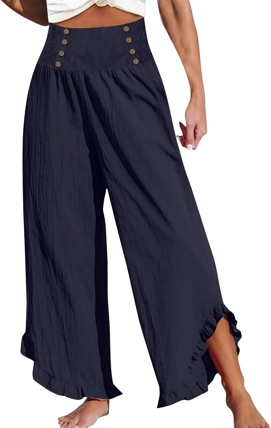 Women High Waisted Linen Palazzo Pants Trendy Pleated Smocked Waist Ruffle Hem Trousers Office Work Dress Casual Pant
