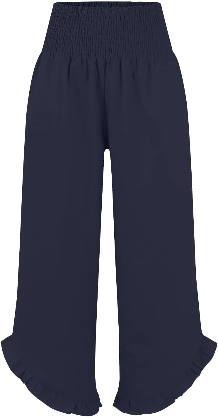 Women High Waisted Linen Palazzo Pants Trendy Pleated Smocked Waist Ruffle Hem Trousers Office Work Dress Casual Pant