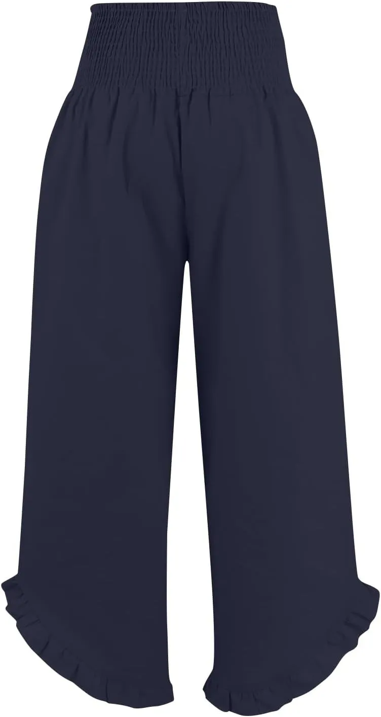 Women High Waisted Linen Palazzo Pants Trendy Pleated Smocked Waist Ruffle Hem Trousers Office Work Dress Casual Pant