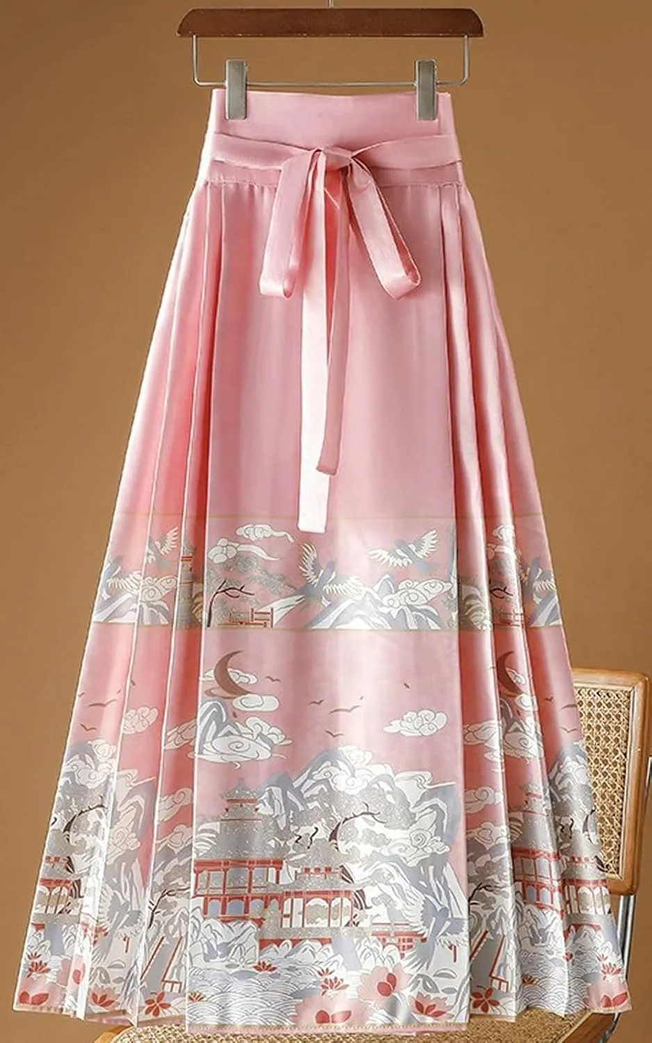 Women Horse Face Skirt Seft Tie Print Elegant Vintage Long Swing Maxi Pleated Skirts Chinese Traditional Hanfu Mamianqun