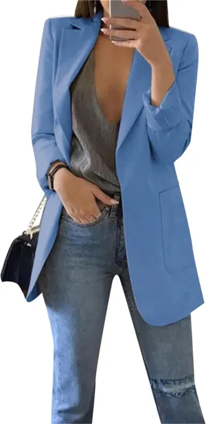 Women Lapel Collar Long Sleeve Blazer Formal Solid Color Long Suit Open Front Waist Jacket