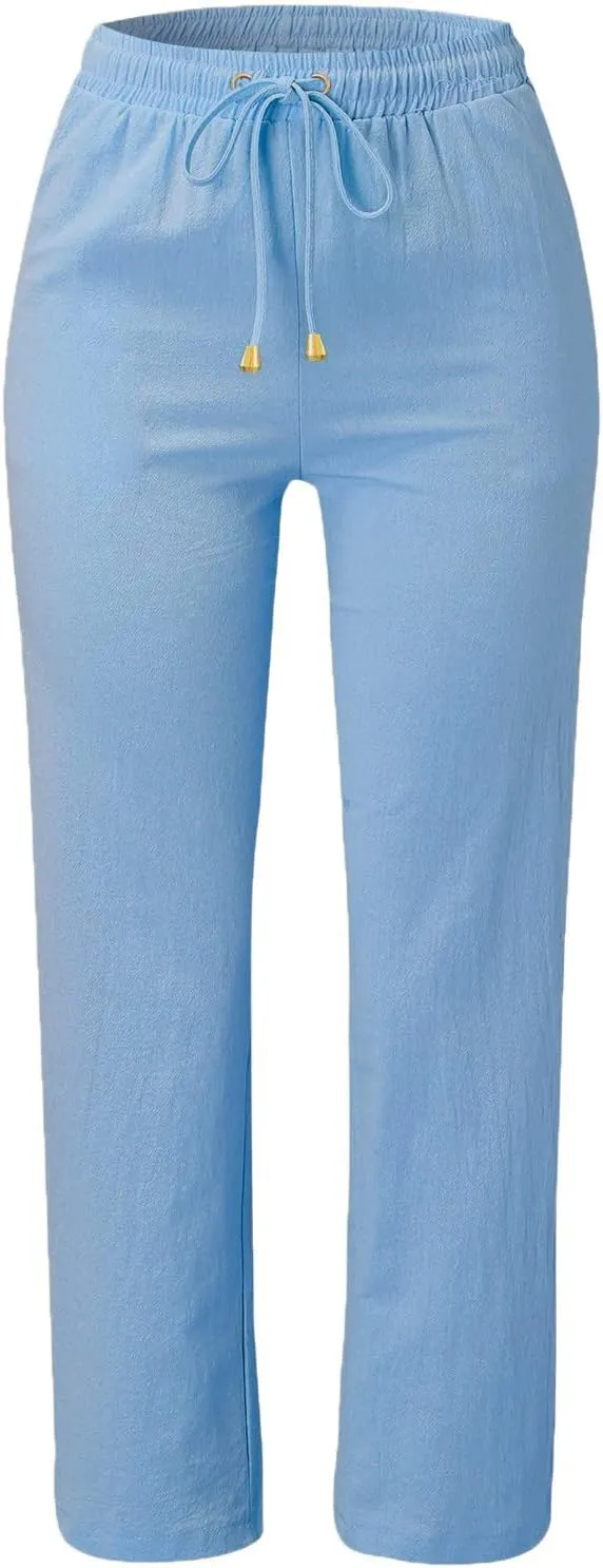 Women Linen Blend Summer Flowy Pant Trousers High Waist Long Lounge Slim Fit Pant Trousers Office