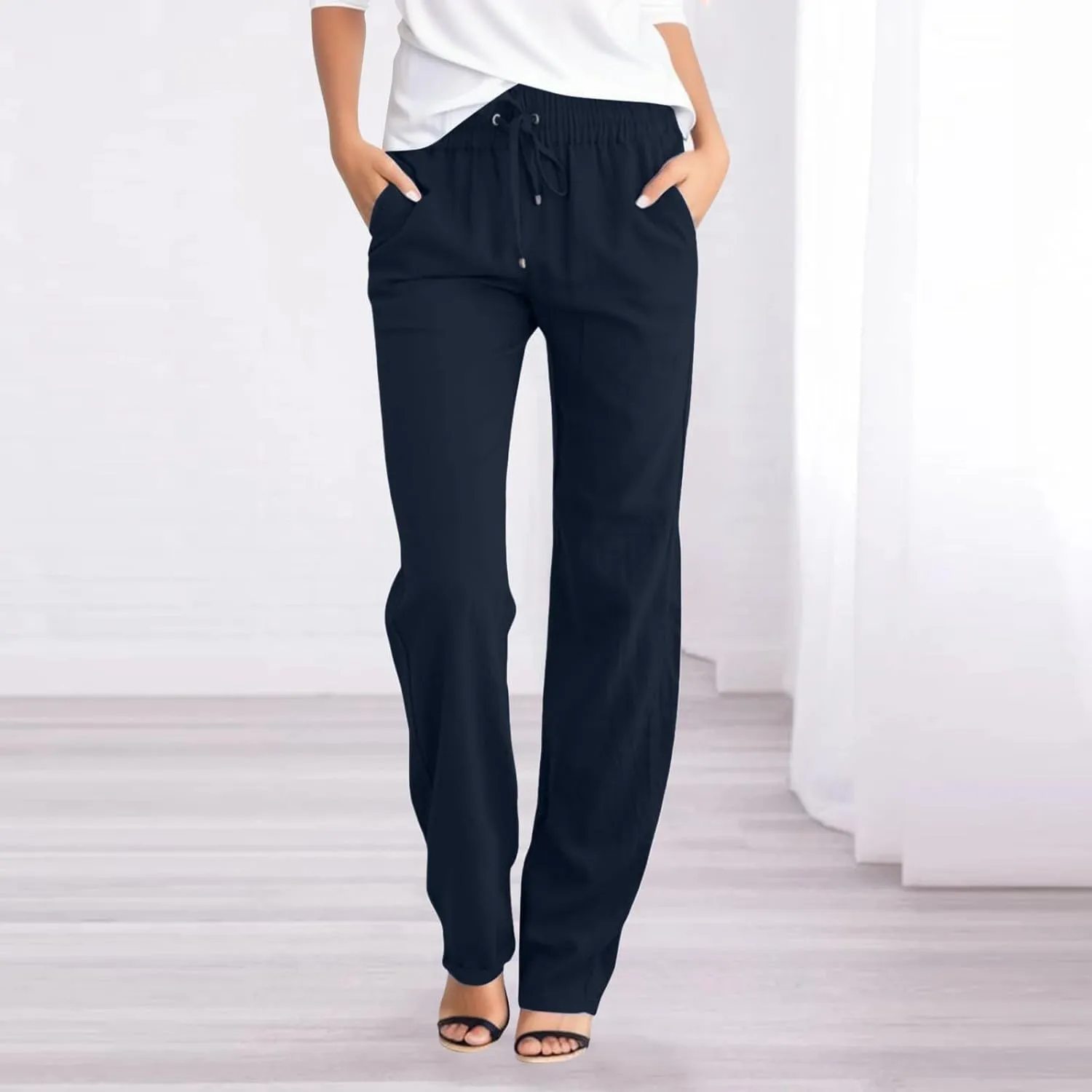 Women Linen Pants Casual Slim High Elastic Waist Color Sports and Linen Pants Summer Outfits for Women