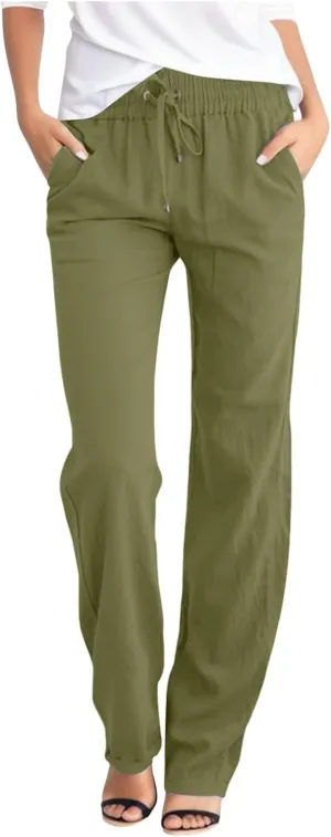 Women Linen Pants Casual Slim High Elastic Waist Color Sports and Linen Pants Summer Outfits for Women