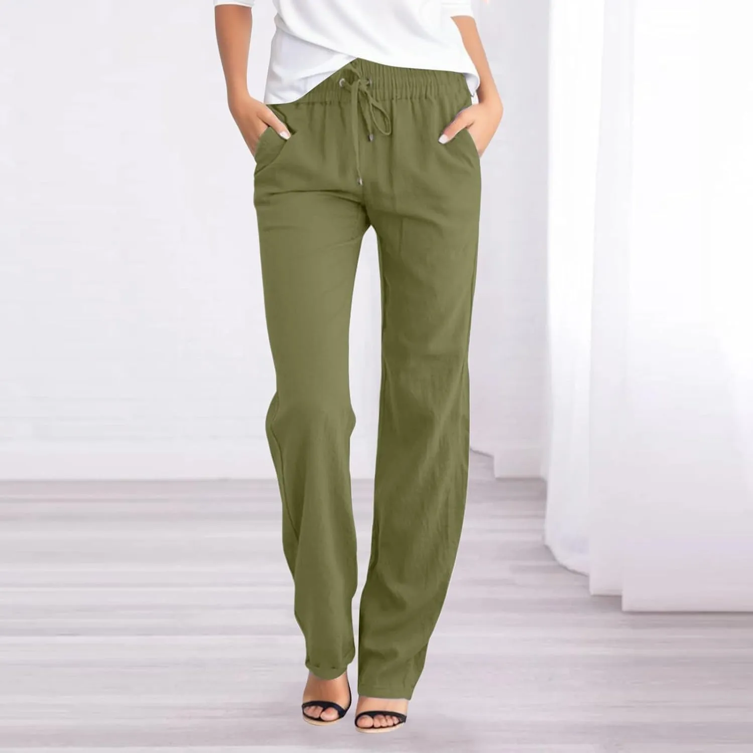 Women Linen Pants Casual Slim High Elastic Waist Color Sports and Linen Pants Summer Outfits for Women