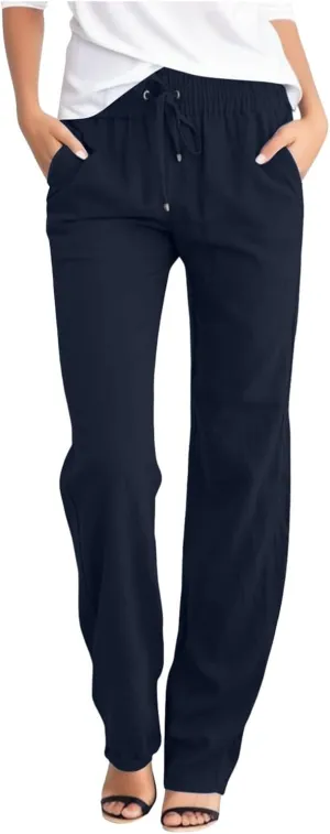 Women Linen Pants Casual Slim High Elastic Waist Color Sports and Linen Pants Summer Outfits for Women