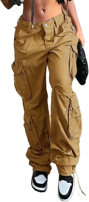 Women Mid Waisted Cargo Jeans Flap Pocket Straight Wide Leg Casual Baggy Boyfriend Denim Streetwear Pants