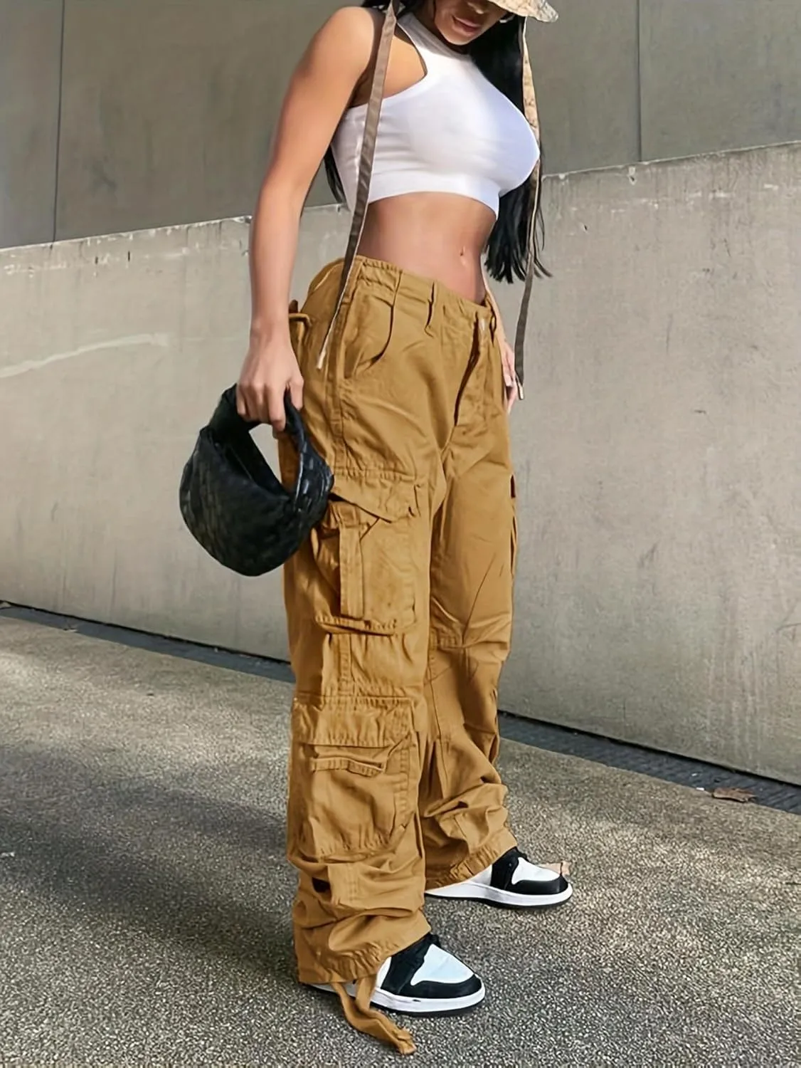 Women Mid Waisted Cargo Jeans Flap Pocket Straight Wide Leg Casual Baggy Boyfriend Denim Streetwear Pants
