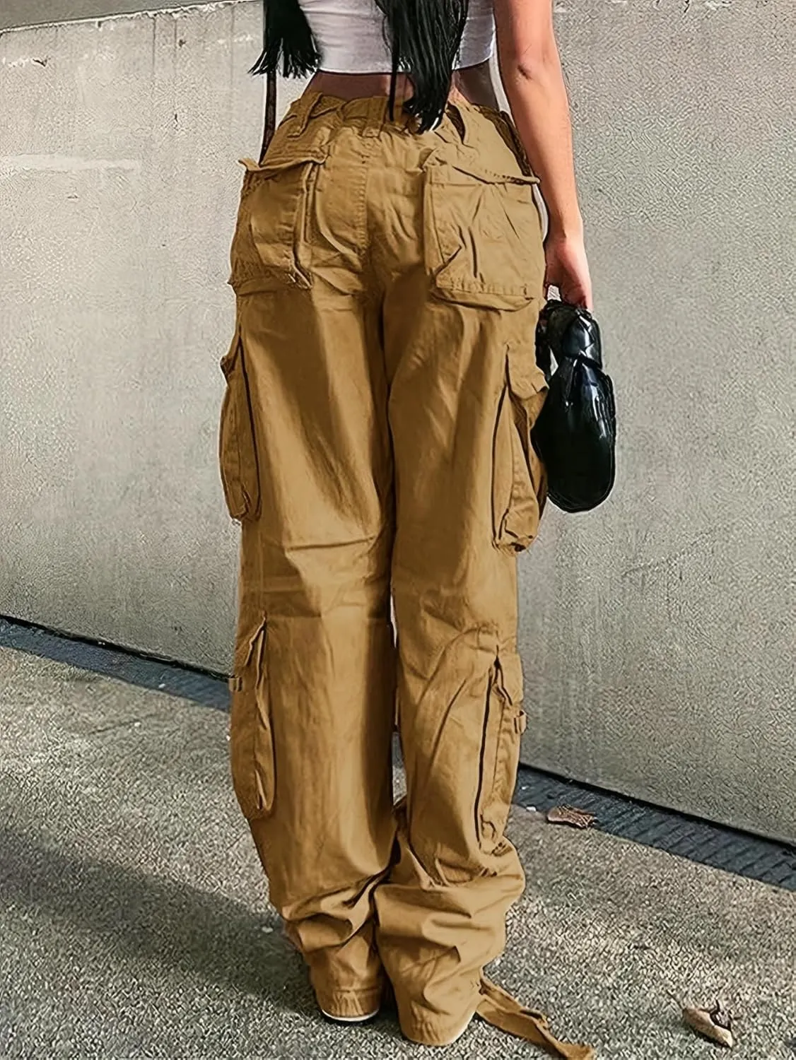 Women Mid Waisted Cargo Jeans Flap Pocket Straight Wide Leg Casual Baggy Boyfriend Denim Streetwear Pants