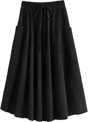 Women Midi Skirt Baggy Drawstring Mid Rise Parachute Skirt, Casual High Waist Pleated A-Line Midi Skirt with Pocket