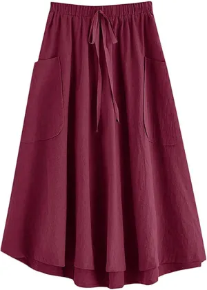 Women Midi Skirt Baggy Drawstring Mid Rise Parachute Skirt, Casual High Waist Pleated A-Line Midi Skirt with Pocket