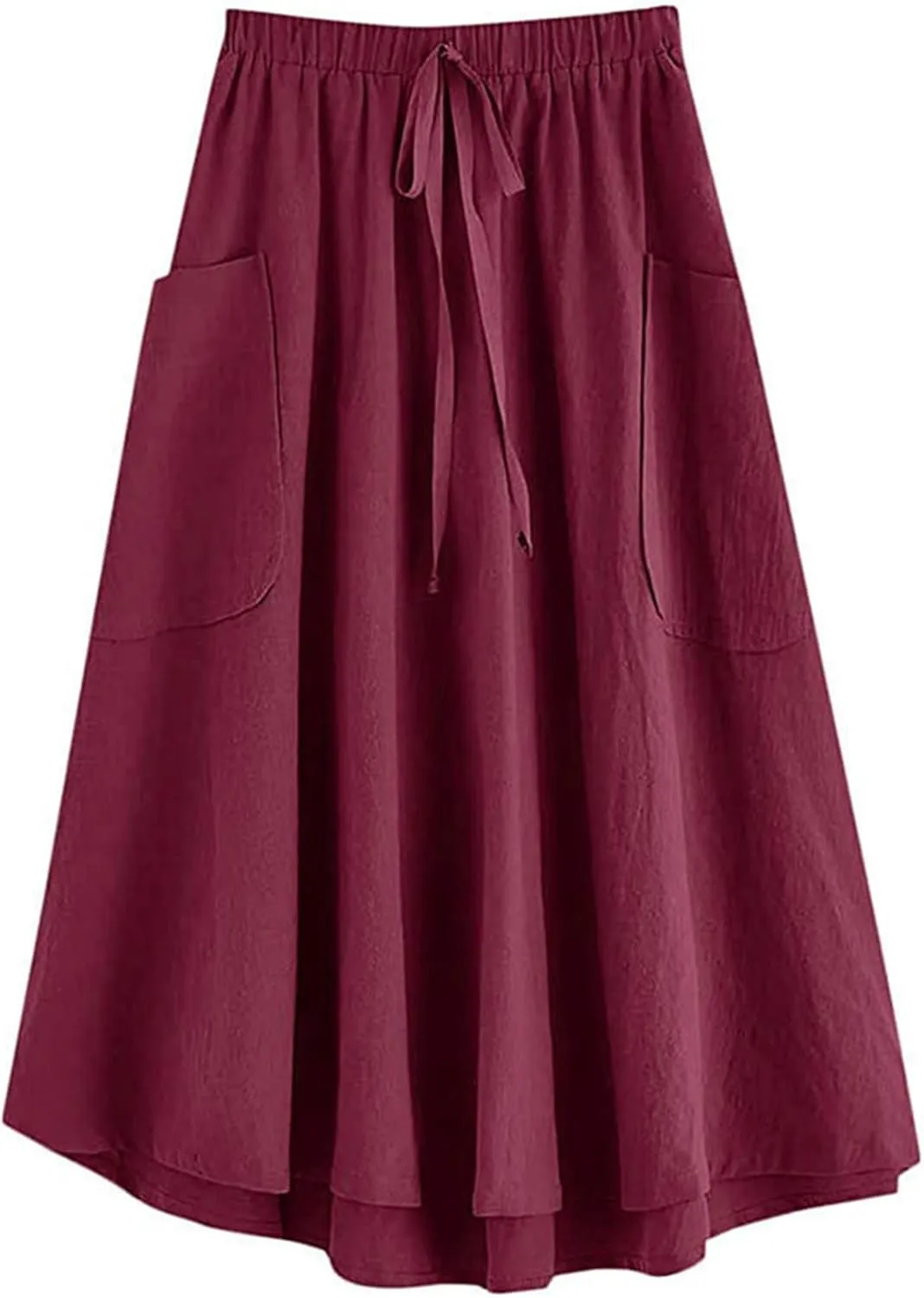 Women Midi Skirt Baggy Drawstring Mid Rise Parachute Skirt, Casual High Waist Pleated A-Line Midi Skirt with Pocket