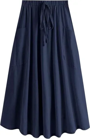 Women Midi Skirt Baggy Drawstring Mid Rise Parachute Skirt, Casual High Waist Pleated A-Line Midi Skirt with Pocket