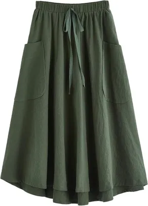 Women Midi Skirt Baggy Drawstring Mid Rise Parachute Skirt, Casual High Waist Pleated A-Line Midi Skirt with Pocket