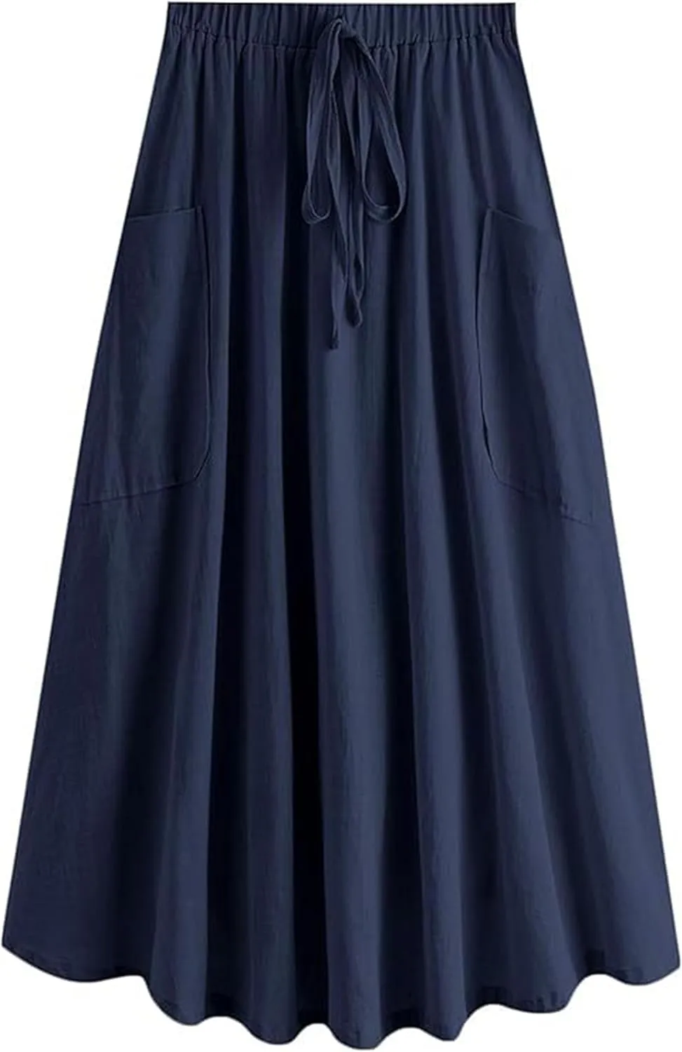 Women Midi Skirt Baggy Drawstring Mid Rise Parachute Skirt, Casual High Waist Pleated A-Line Midi Skirt with Pocket