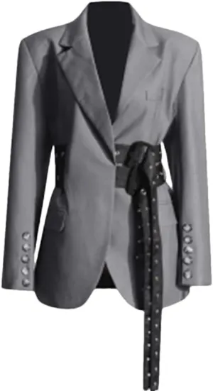 Women Patchwork Belts Blazers for Women Notched Collar Long Sleeve Hit Color Casual Temperament Blazer Female