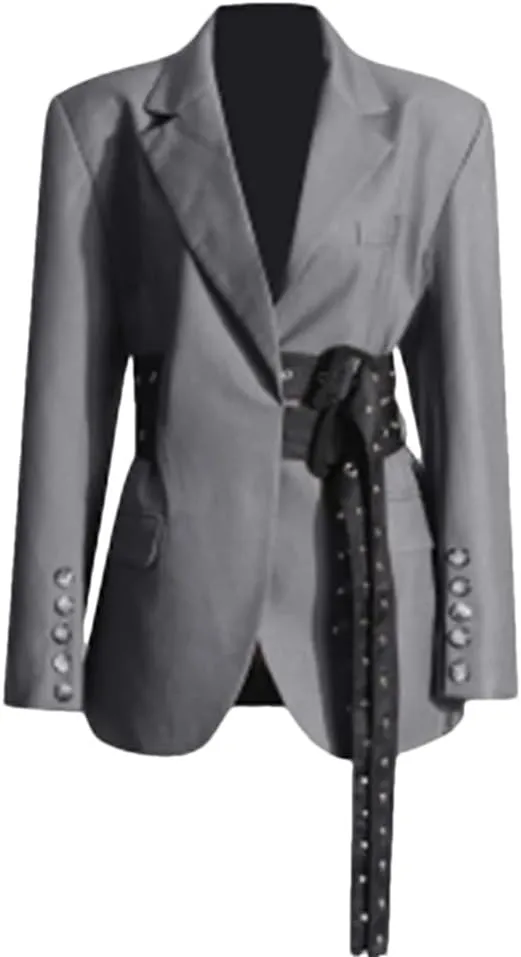 Women Patchwork Belts Blazers for Women Notched Collar Long Sleeve Hit Color Casual Temperament Blazer Female