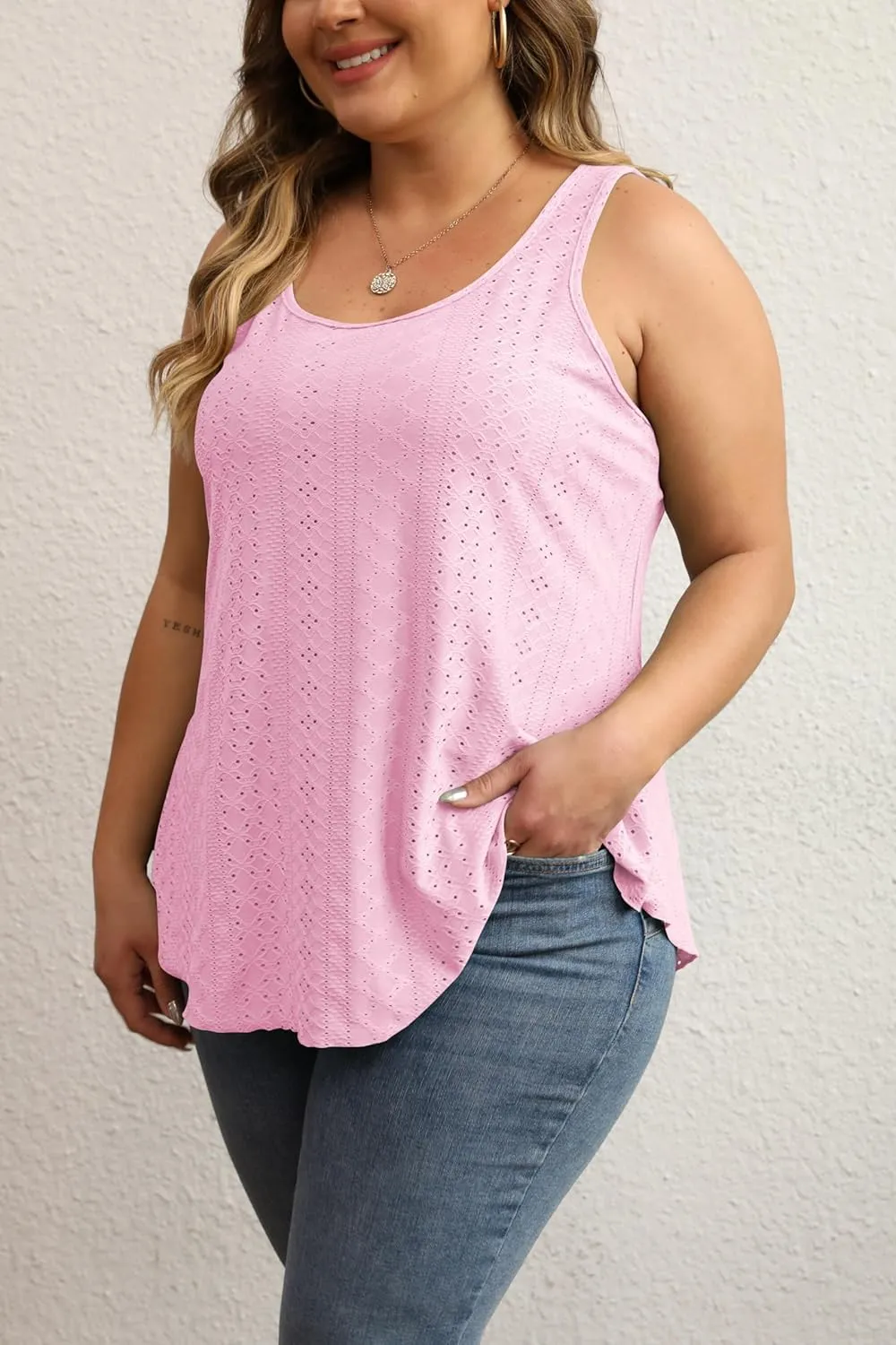 Women Plus Size Fashion Eyelet Tank Tops Flowy Scoop Neck Loose Fit Tank-Top Sleeveless Cami Camisole Shirts 1X-5X