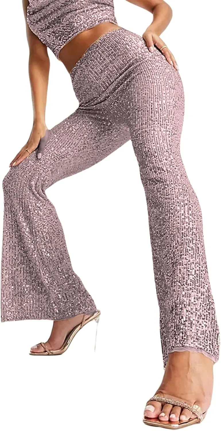 Women Sequins Wide Leg Pants High Waist Sparkle Glitter Trousers Bling Glitter Elastic Loose Flare Bell Bottom Shiny Pants