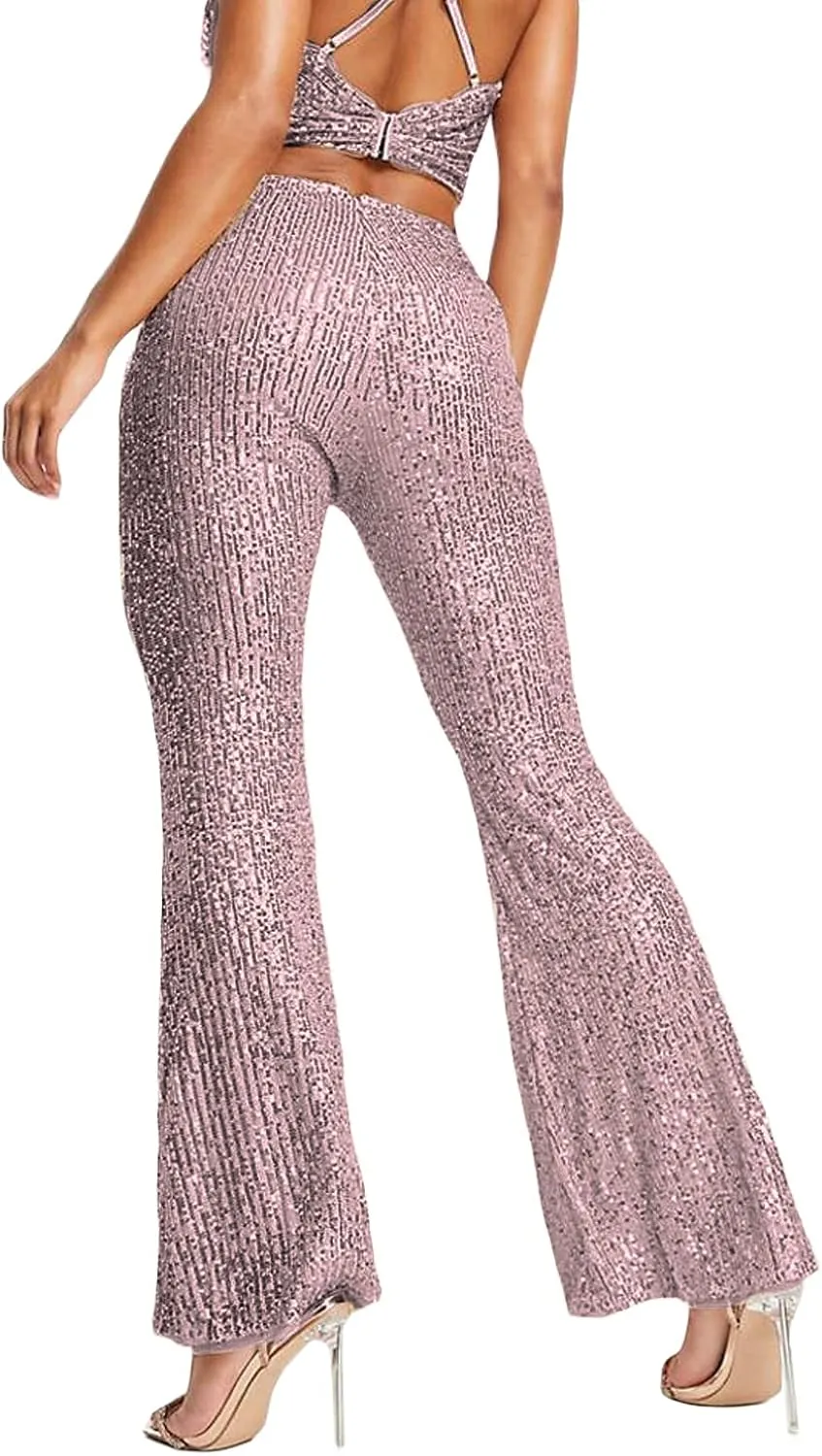 Women Sequins Wide Leg Pants High Waist Sparkle Glitter Trousers Bling Glitter Elastic Loose Flare Bell Bottom Shiny Pants