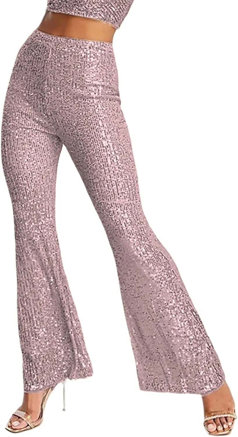 Women Sequins Wide Leg Pants High Waist Sparkle Glitter Trousers Bling Glitter Elastic Loose Flare Bell Bottom Shiny Pants
