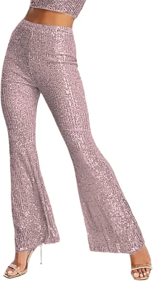 Women Sequins Wide Leg Pants High Waist Sparkle Glitter Trousers Bling Glitter Elastic Loose Flare Bell Bottom Shiny Pants