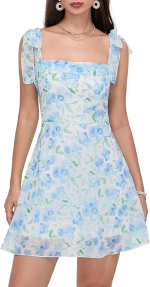 Women Short Graduation Dress Floral Print Cute Babydoll Mini Summer Sleeveless Backless Flowy Dress