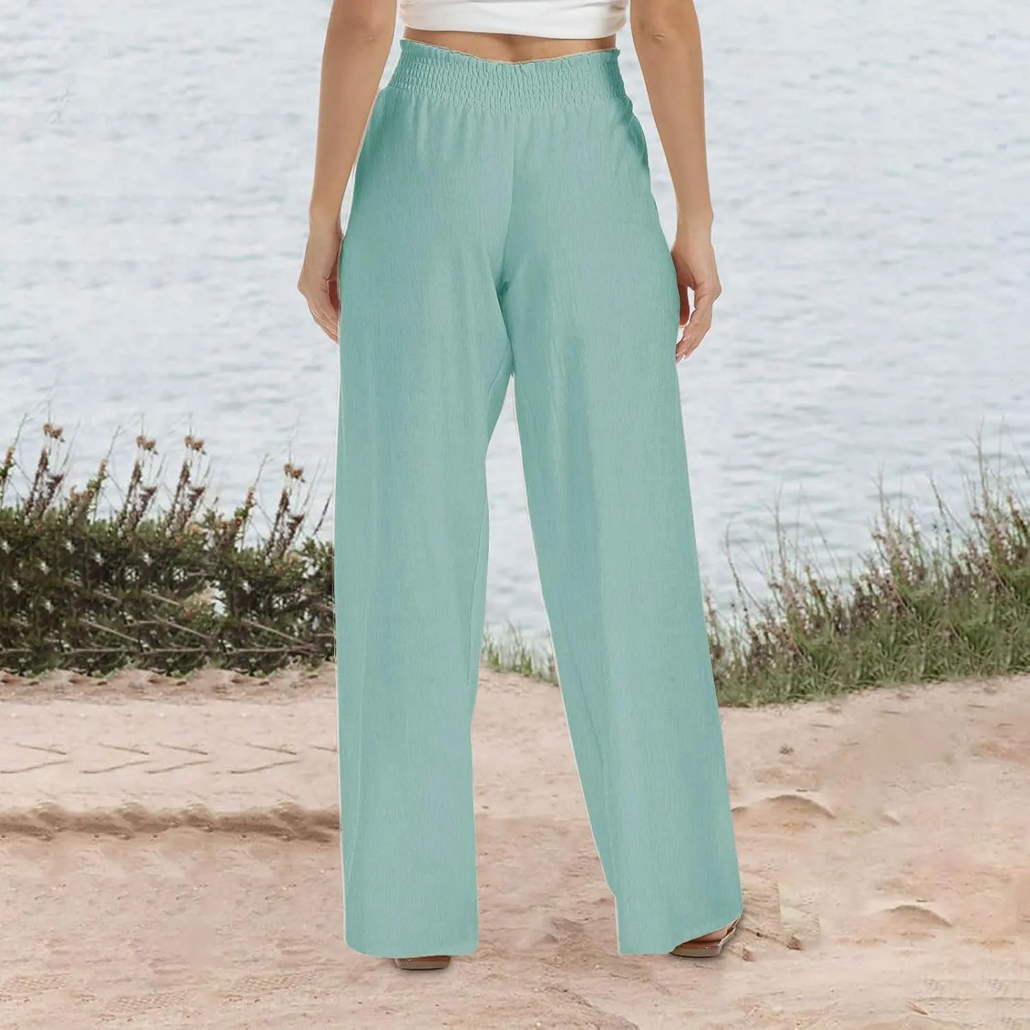 Women Straight Wide Leg Pants Elastic High Waisted Trendy Summer Clothes Cotton Linen Lightweight Flowy Outfits