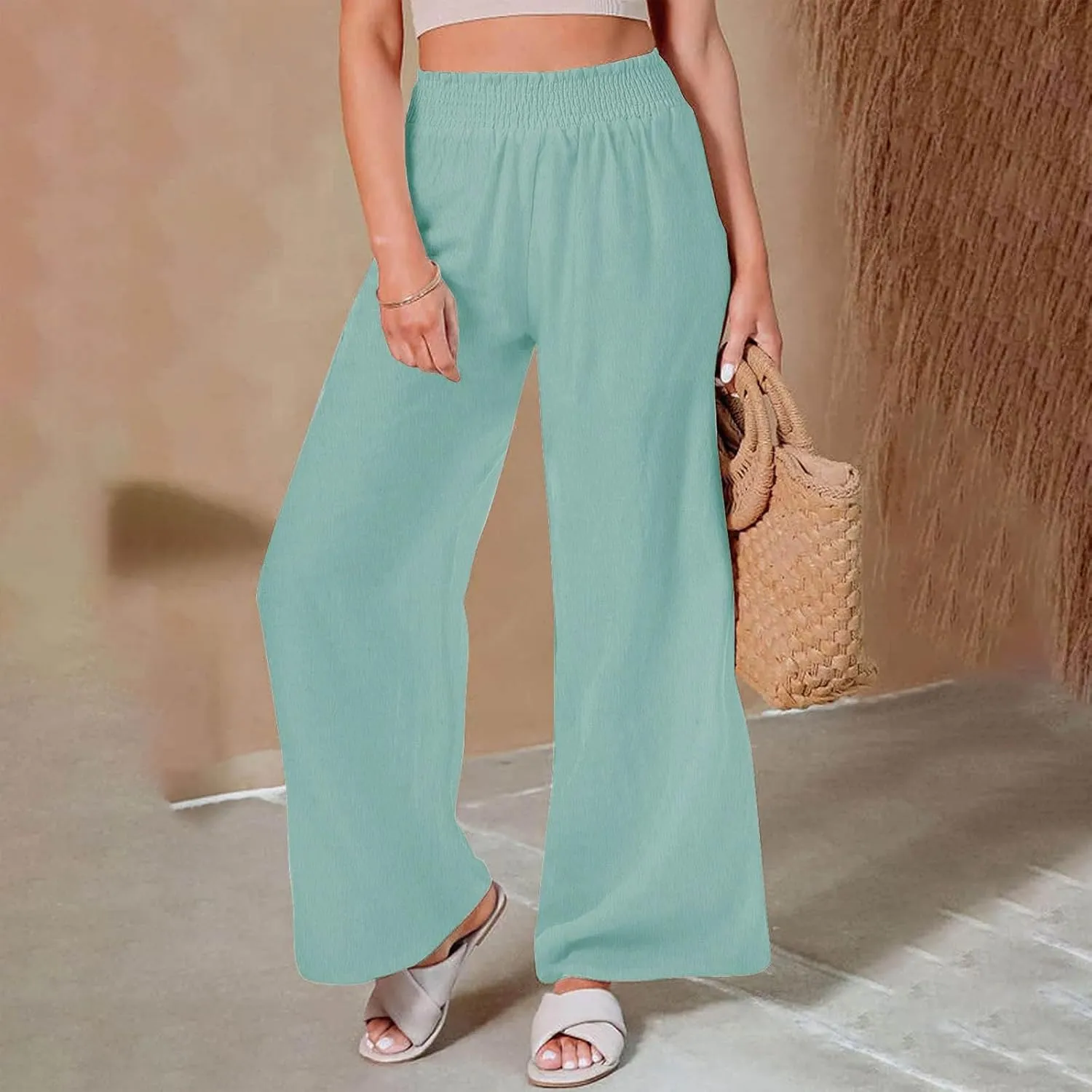 Women Straight Wide Leg Pants Elastic High Waisted Trendy Summer Clothes Cotton Linen Lightweight Flowy Outfits