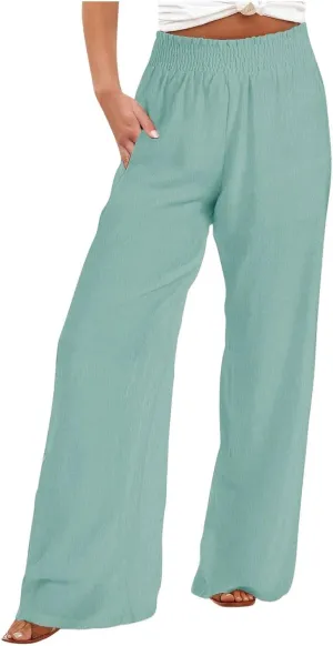 Women Straight Wide Leg Pants Elastic High Waisted Trendy Summer Clothes Cotton Linen Lightweight Flowy Outfits