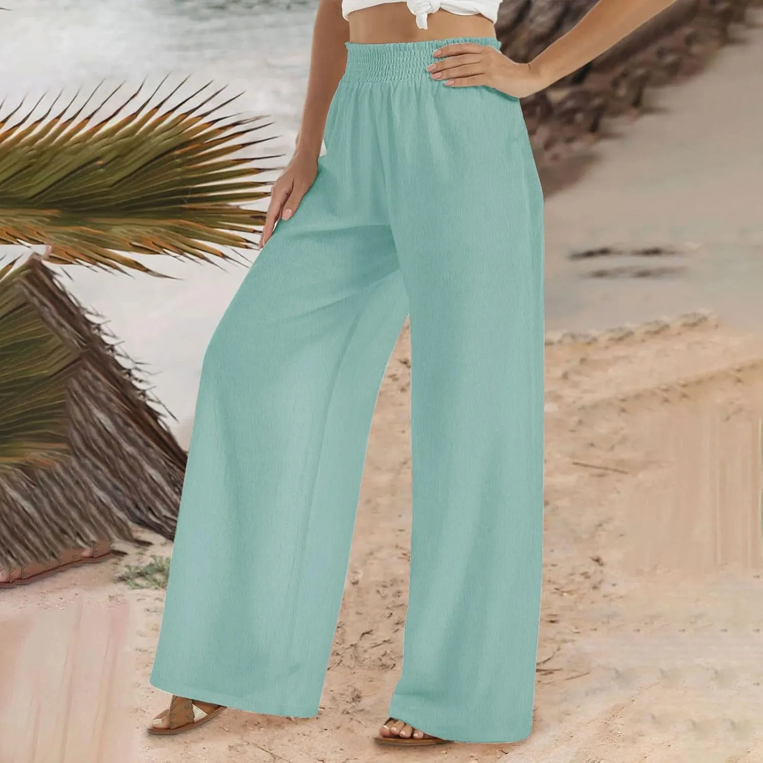 Women Straight Wide Leg Pants Elastic High Waisted Trendy Summer Clothes Cotton Linen Lightweight Flowy Outfits