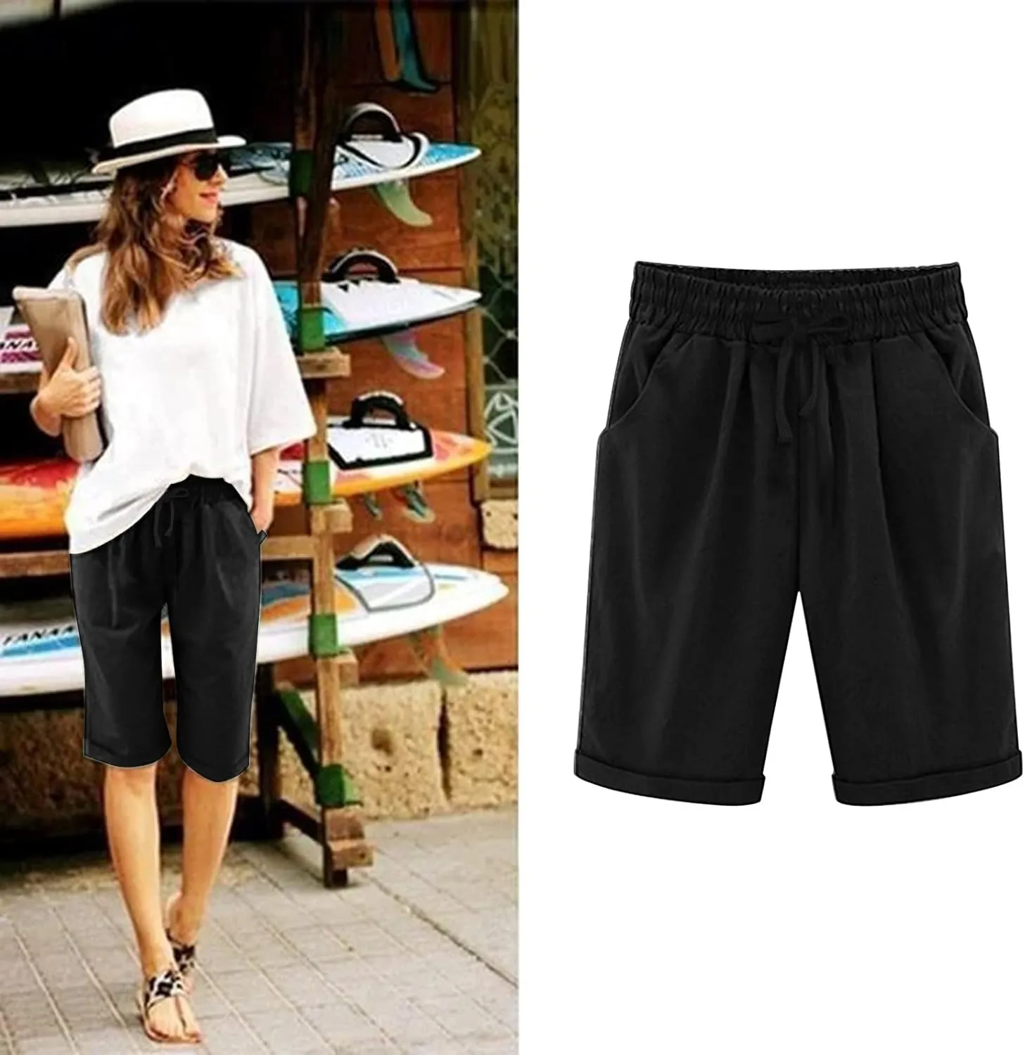 Women Summer Plus Size Casual Shorts Trendy Pleated Smocked Waist Roll-up Leg Trouser Jogger Running Lounge Sweatpant