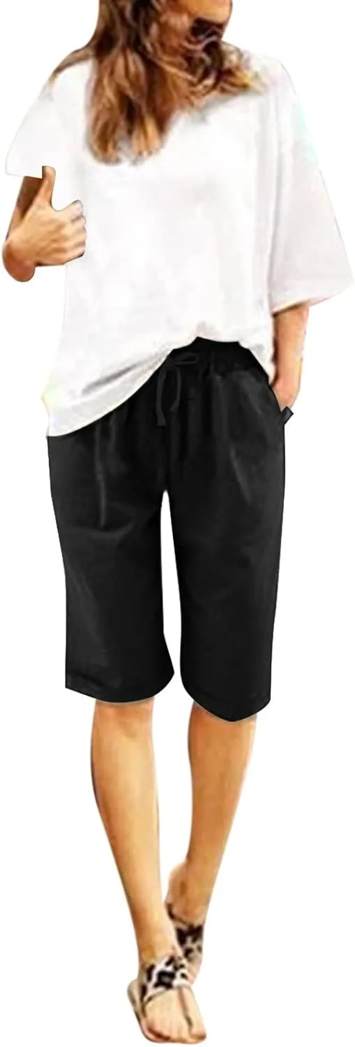 Women Summer Plus Size Casual Shorts Trendy Pleated Smocked Waist Roll-up Leg Trouser Jogger Running Lounge Sweatpant