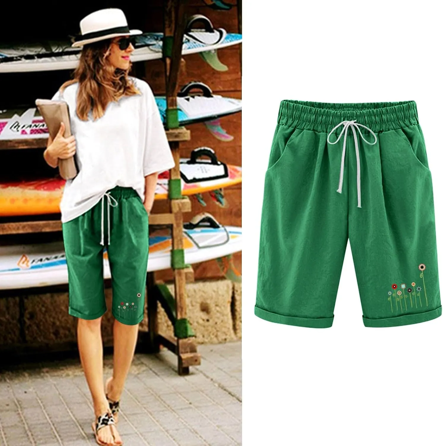 Women Summer Plus Size Casual Shorts Trendy Pleated Smocked Waist Roll-up Leg Trouser Jogger Running Lounge Sweatpant