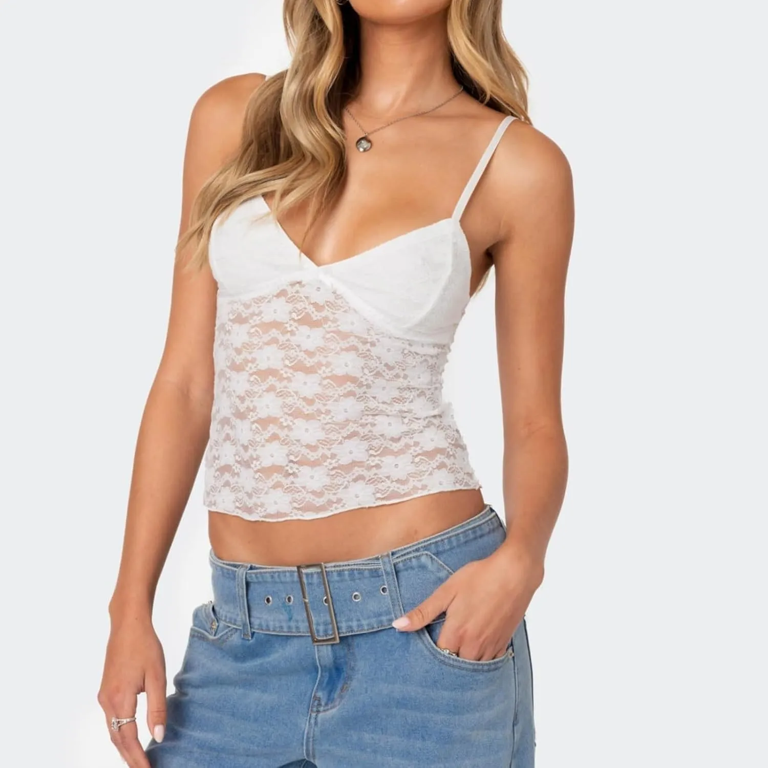 Women V Neck Sheer Lace Crop Camisole Spaghetti Strap Y2k Slim Fit Bow Knot See Through Tank Top Summer E-Girls