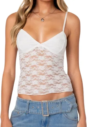 Women V Neck Sheer Lace Crop Camisole Spaghetti Strap Y2k Slim Fit Bow Knot See Through Tank Top Summer E-Girls