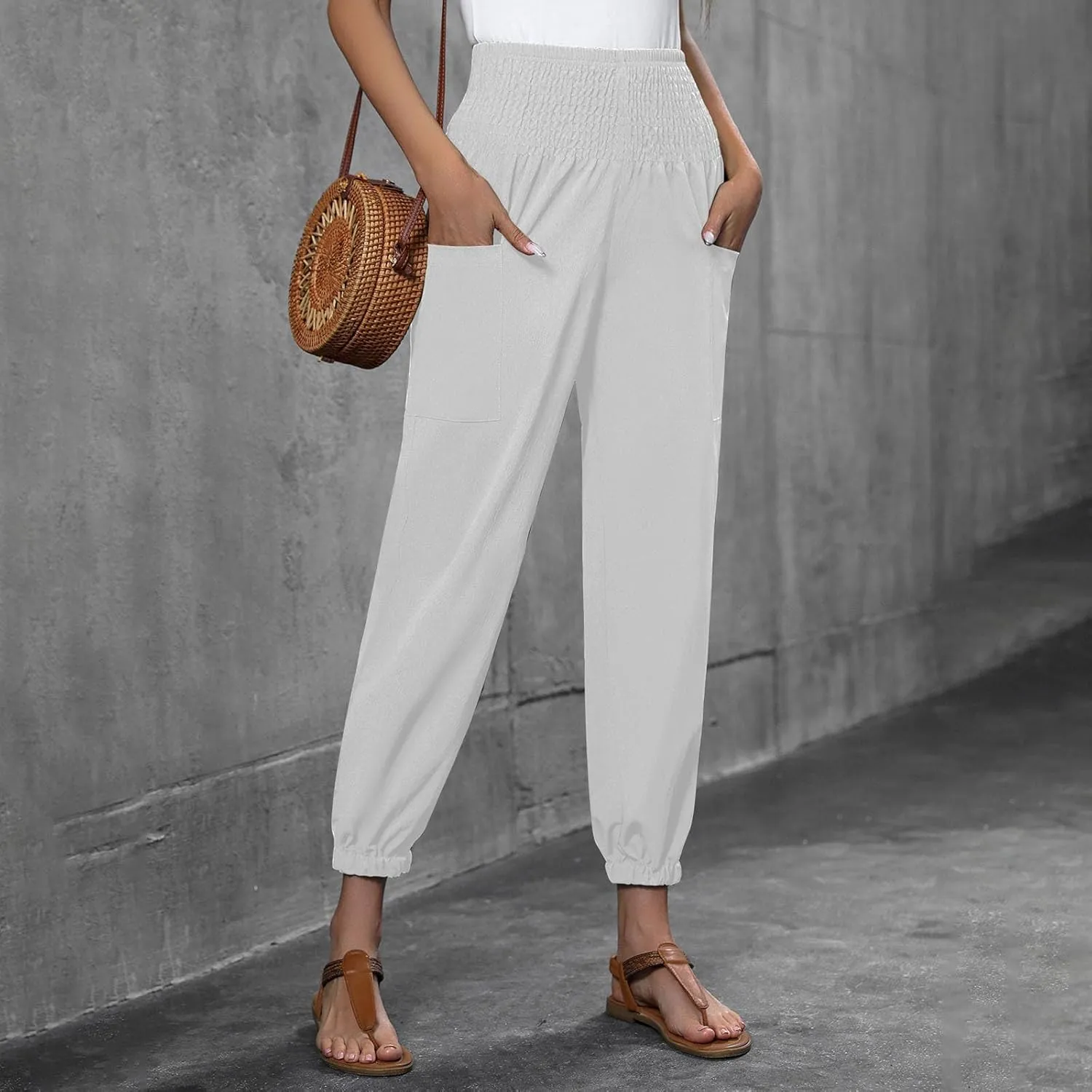 Women Wide Leg Flowy Pants 2025 Summer Casual High Waisted Baggy Loose Boho Beach Vacation Palazzo Lantern Trousers