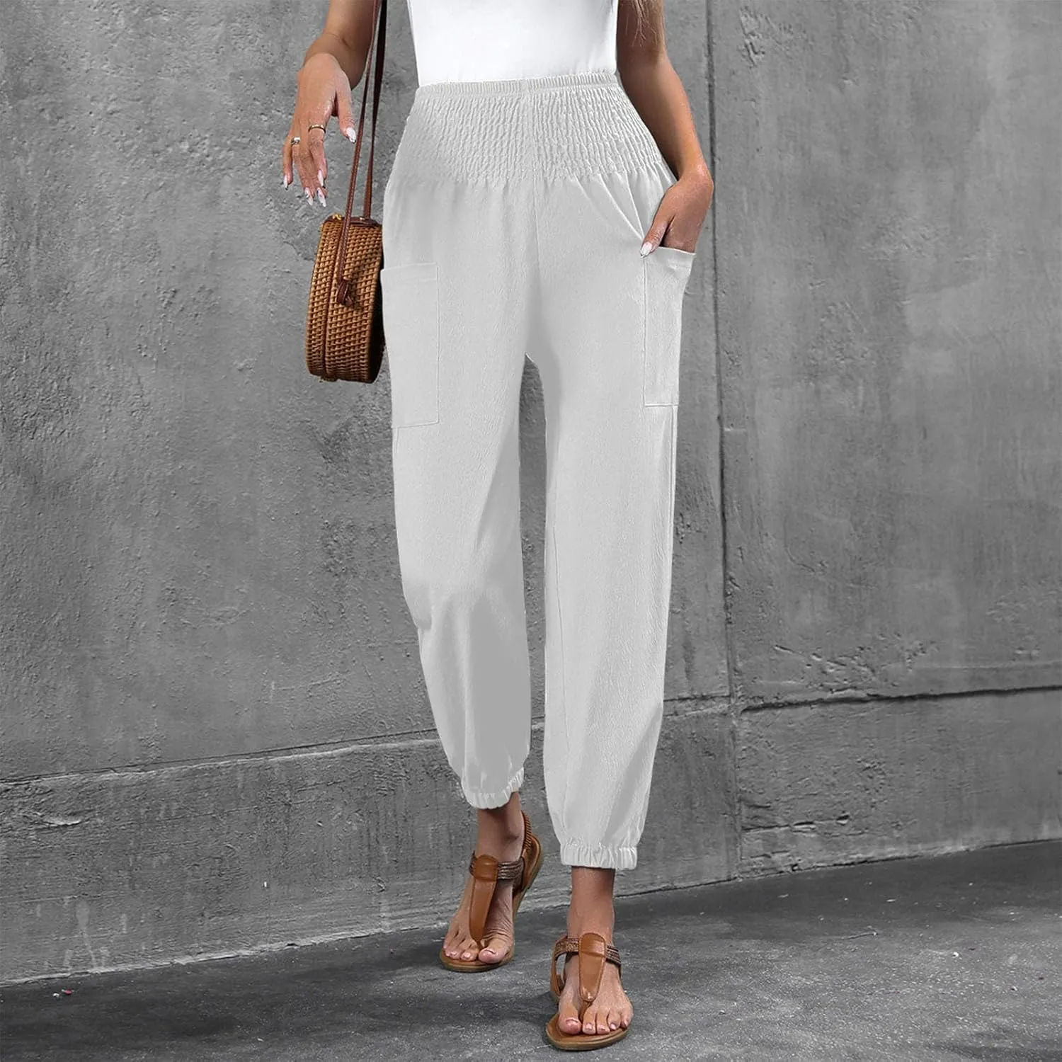 Women Wide Leg Flowy Pants 2025 Summer Casual High Waisted Baggy Loose Boho Beach Vacation Palazzo Lantern Trousers